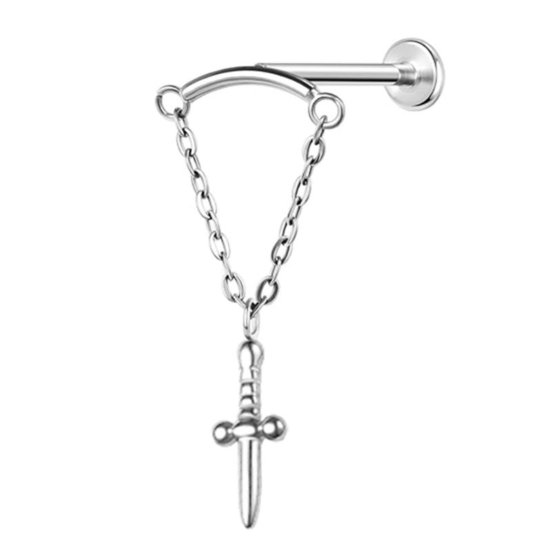 Ear and Lip Stud with Sword Dangle