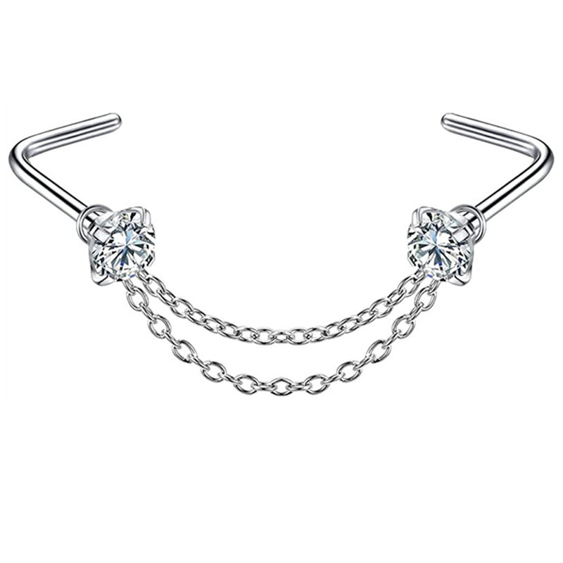 L-shaped Nose Stud with Double Chains